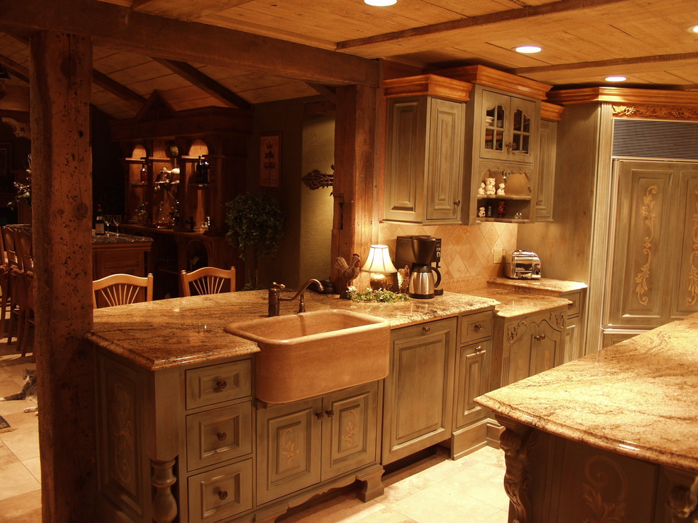 Open concept kitchen - large rustic l-shaped medium tone wood floor and brown floor open concept kitchen idea with granite countertops, brown backsplash, stone tile backsplash, stainless steel appliances, an island, a farmhouse sink and distressed cabinets