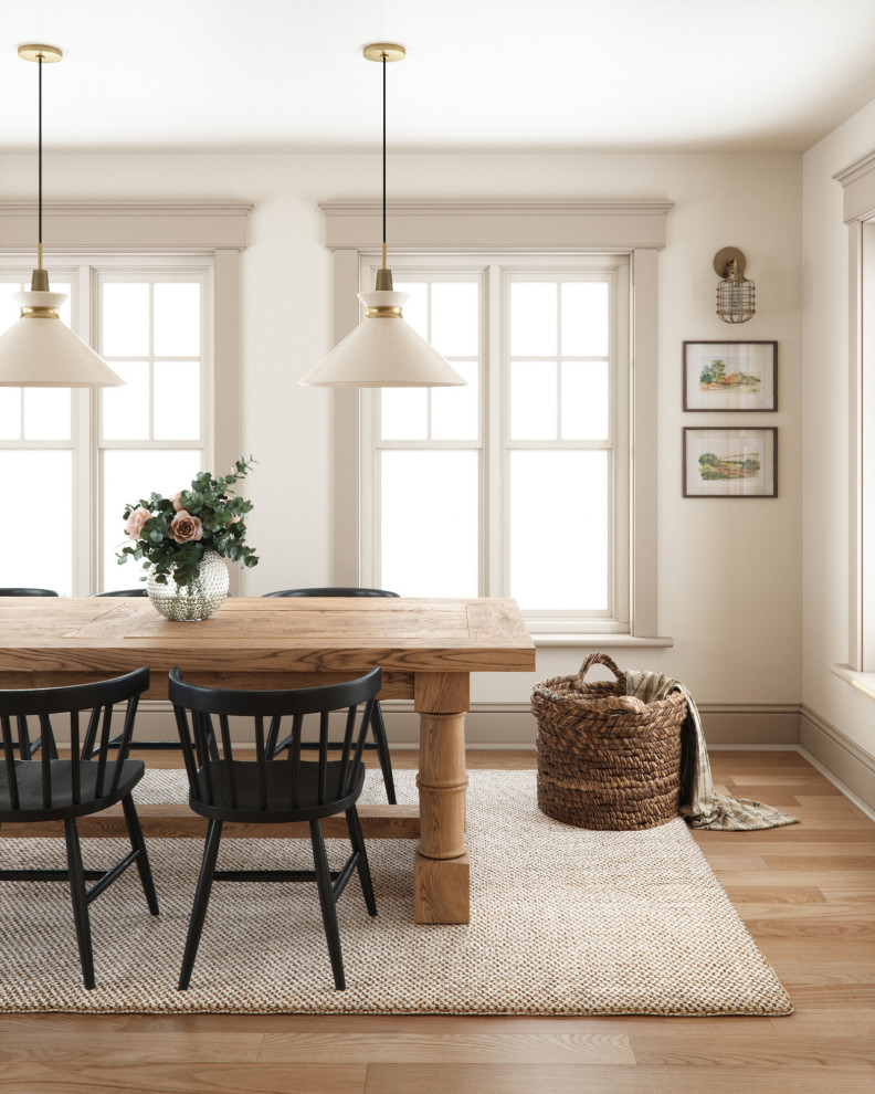 Inspiration for a large transitional medium tone wood floor and beige floor dining room remodel in New York with beige walls