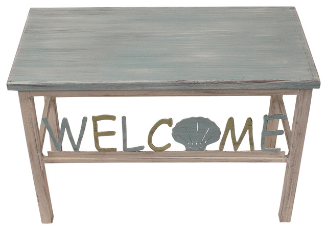 24 Small Wooden Top Bench Welcom Shell Beach Style Accent
