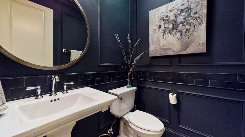 Design ideas for a small transitional powder room in Chicago with a two-piece toilet, black tile, limestone, black walls, porcelain floors, a pedestal sink and multi-coloured floor.