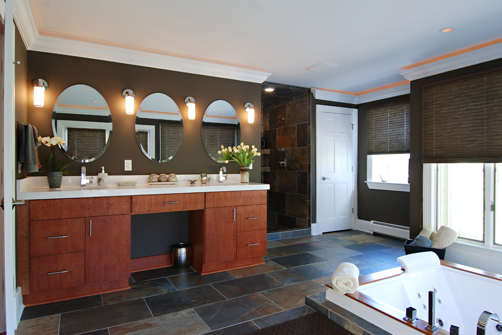 Design ideas for a large traditional bathroom in Detroit with flat-panel cabinets, brown cabinets, a hot tub, an open shower, a one-piece toilet, multi-coloured tile, slate, brown walls, slate floors, an undermount sink, quartzite benchtops, multi-coloured floor, an open shower and white benchtops.