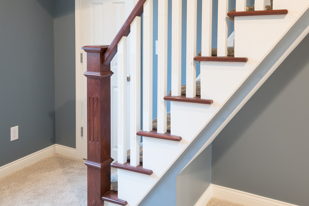 Staircase - large transitional loft-style carpeted staircase idea in Indianapolis with blue walls and no fireplace