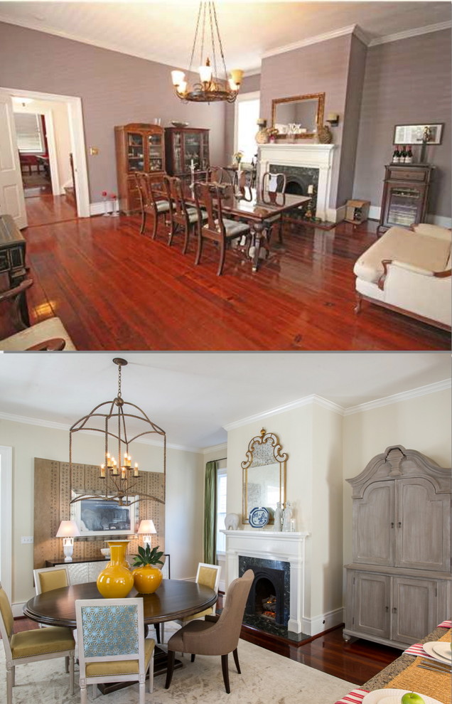 Example of a mid-sized transitional medium tone wood floor kitchen/dining room combo design with a standard fireplace and a wood fireplace surround
