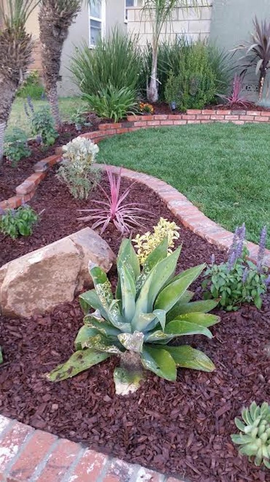 This is an example of a mid-sized mediterranean front yard full sun xeriscape for spring in Orange County with a retaining wall and brick pavers.