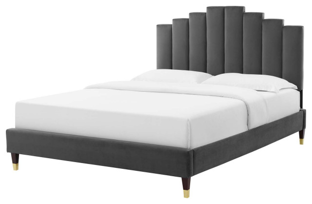 Platform Bed Frame Full Size Velvet Dark Gray Modern Contemporary