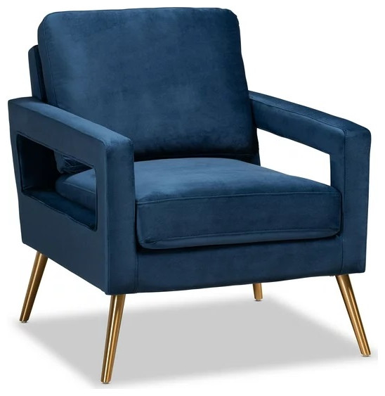 Contemporary Navy Blue Velvet Wingback Chair with Angled Gold Legs and