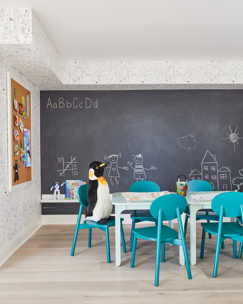 Design ideas for a large transitional kids' room in New York with multi-coloured walls, light hardwood floors and grey floor.