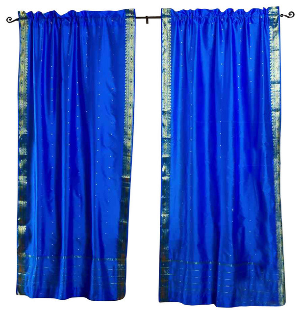 Blue Rod Pocket Sheer Sari Curtain Drape Panel Pair
