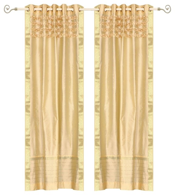 Lined-Golden Hand Crafted Grommet Top  Sheer Sari Curtain / Drape / Panel-Piece