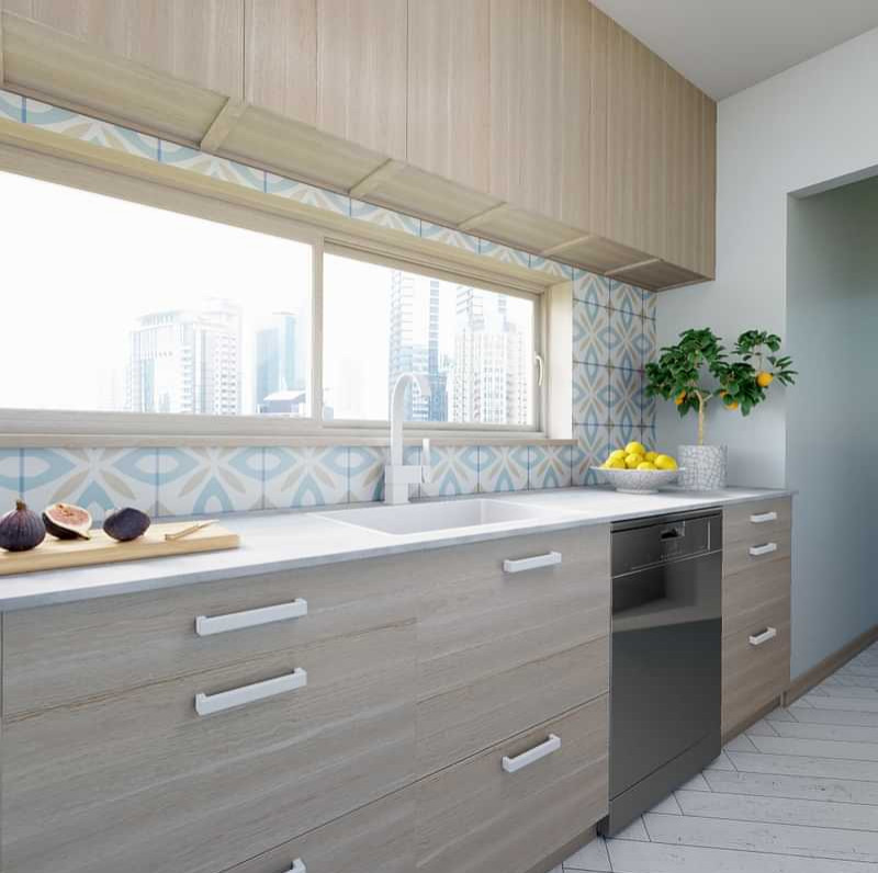 Inspiration for a modern galley vinyl floor and gray floor eat-in kitchen remodel in Philadelphia with a single-bowl sink, flat-panel cabinets, light wood cabinets, quartz countertops, blue backsplash, porcelain backsplash, black appliances, no island and white countertops