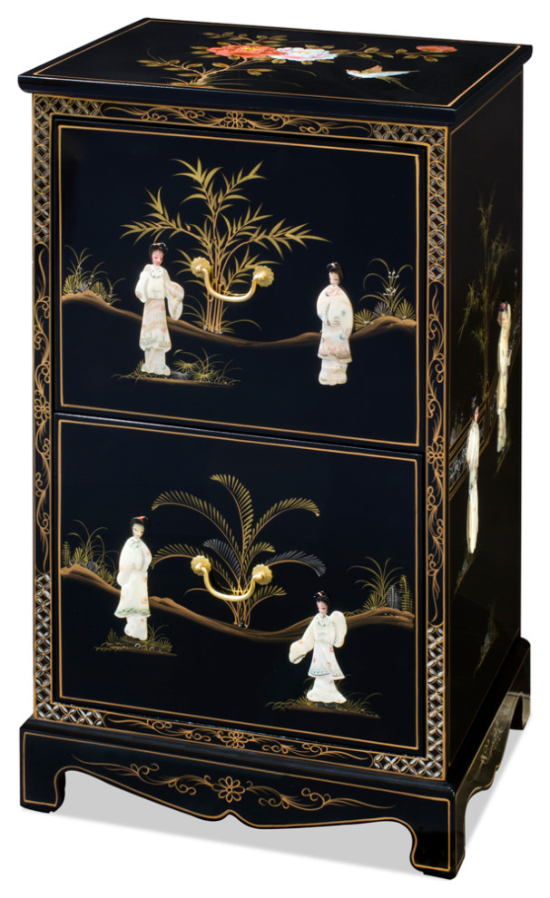 Black Lacquer Mother of Pearl 2 Drawer Oriental File Cabinet
