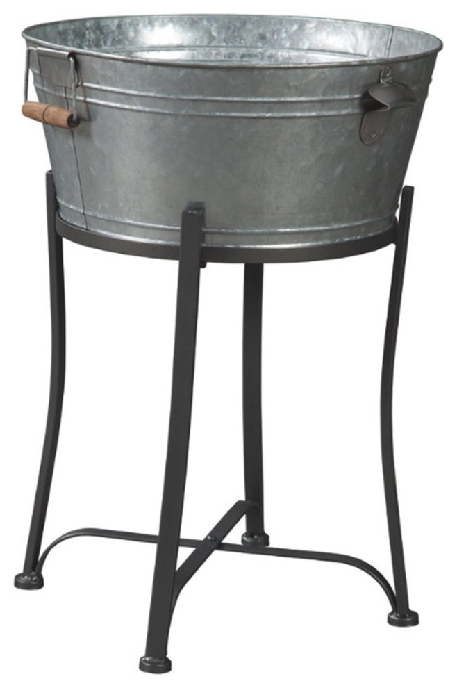 Round Metal Beverage Tub with Wooden Handles and Flared Stand ...