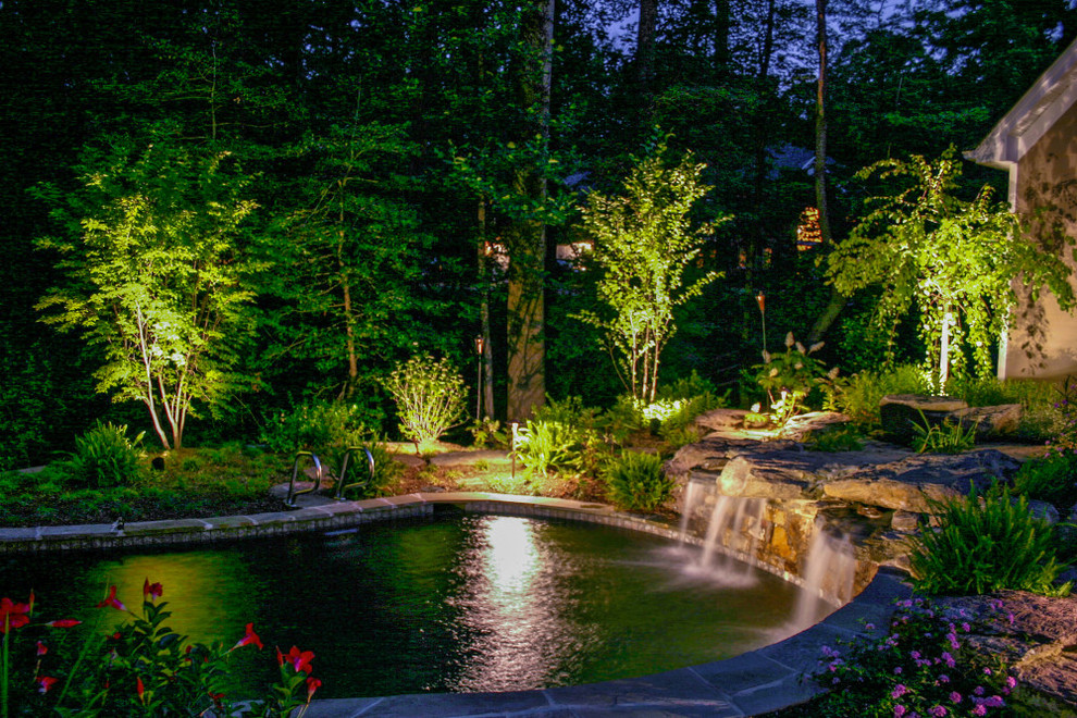 Large transitional backyard concrete paver and custom-shaped natural pool fountain photo with a pergola