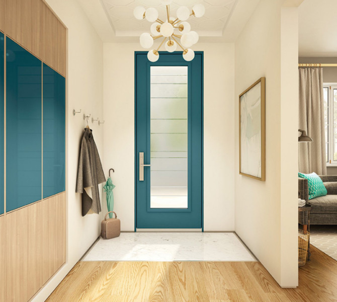 Example of an eclectic light wood floor and multicolored floor front door design in Montreal with white walls and a blue front door