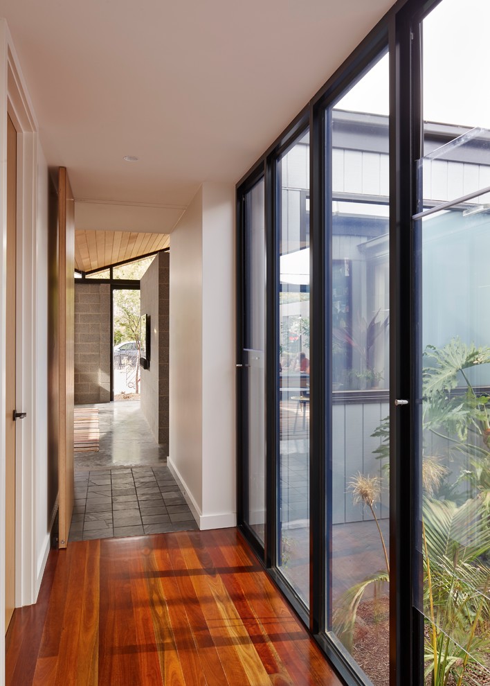 This is an example of a contemporary hallway in Melbourne with white walls and medium hardwood floors.