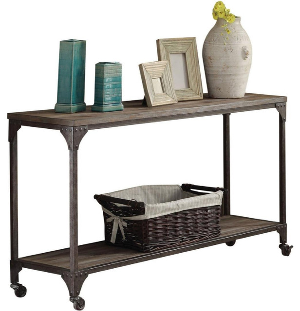 Industrial Style Metal and Wood Rectangular Sofa Table, Oak Brown