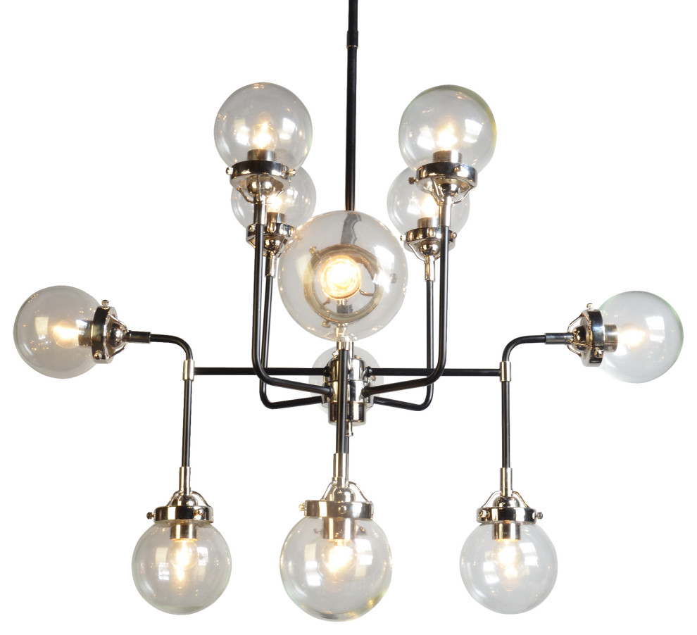 12Light Starburst Chandelier in Black and Chrome Finish with Clear