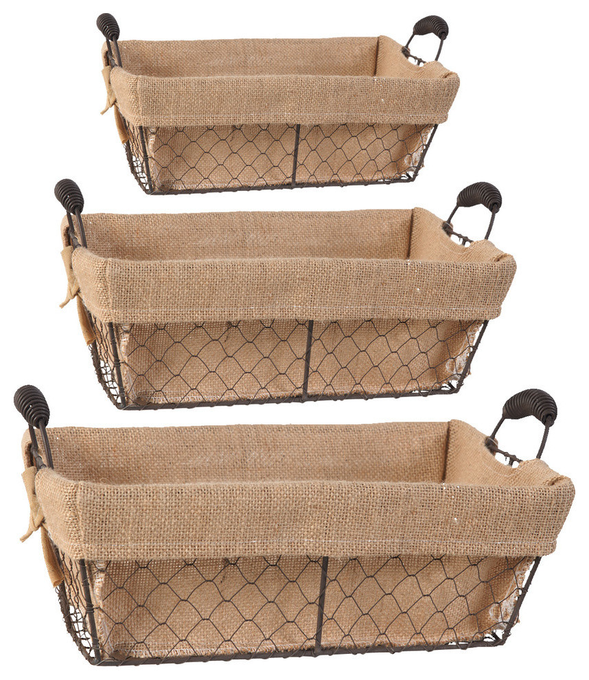 Stackable Rectangle Metal Baskets With Liners, 3Piece Set Farmhouse