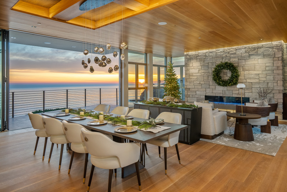 Inspiration for a large contemporary open plan dining in San Luis Obispo with beige walls, brown floor, wood, medium hardwood floors, a ribbon fireplace and a stone fireplace surround.