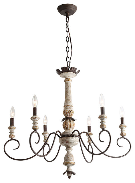 LNC 6-Light French Country 31.1"D White Wood Candle Style Shade Chandelier