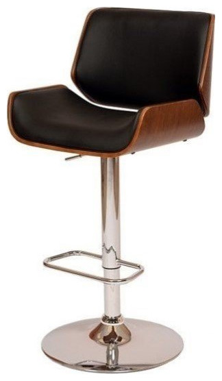 Armen Living London Modern Leather & Metal Swivel Barstool in Black/Walnut