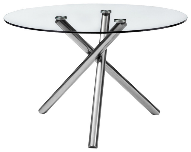 Whiteline Lux Dining Table 1/2 Clear Glass Top Metal Base With Brushed