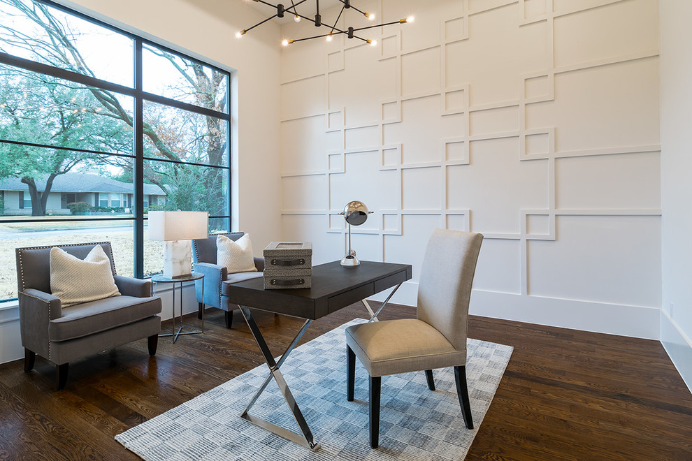 Transitional study room in Dallas with white walls, dark hardwood floors, a freestanding desk and brown floor.