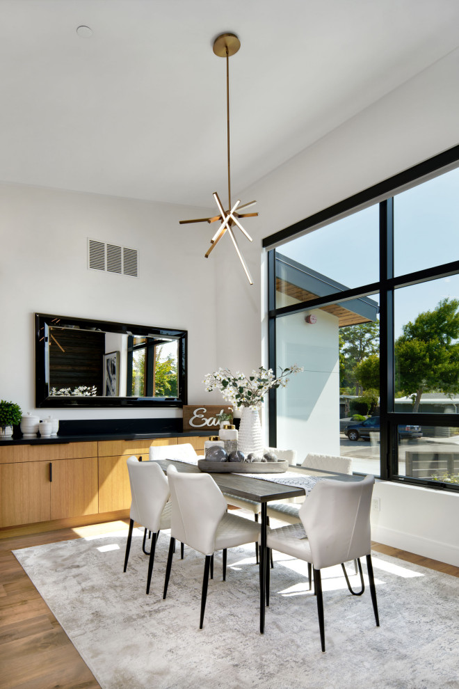 Свежая идея для дизайна: кухня-столовая среднего размера в современном стиле с белыми стенами, паркетным полом среднего тона, коричневым полом и сводчатым потолком - отличное фото интерьера