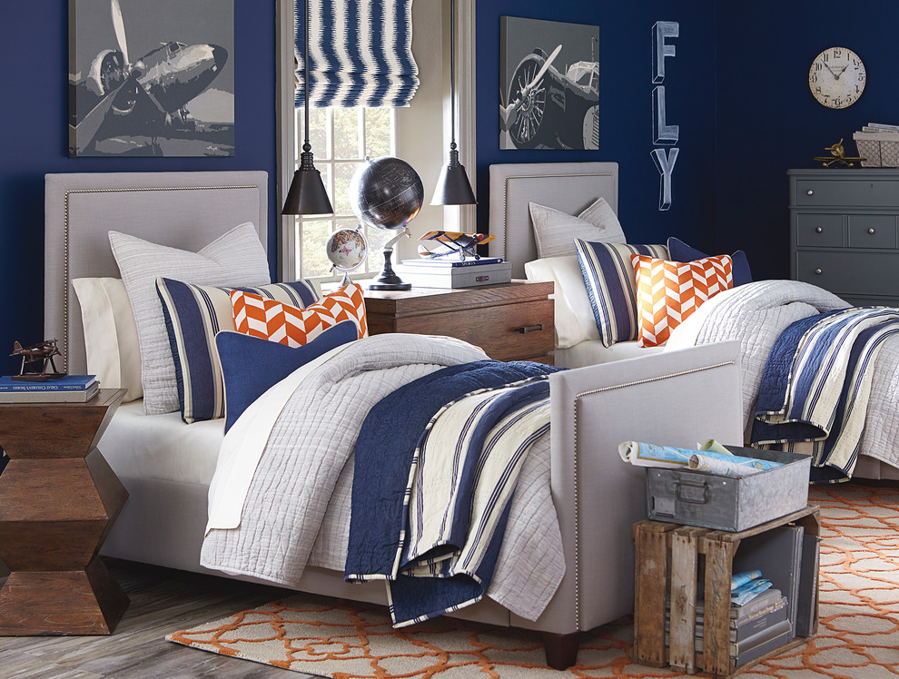 Inspiration for a contemporary bedroom remodel with blue walls