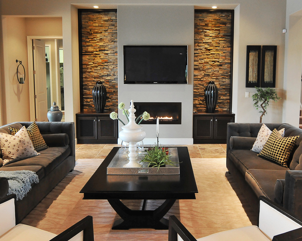 Inspiration for a contemporary living room in Orlando with grey walls, a ribbon fireplace and a wall-mounted tv.