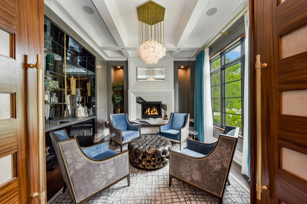 Large contemporary enclosed living room in Chicago with grey walls, a standard fireplace, a tile fireplace surround, brown floor and coffered.