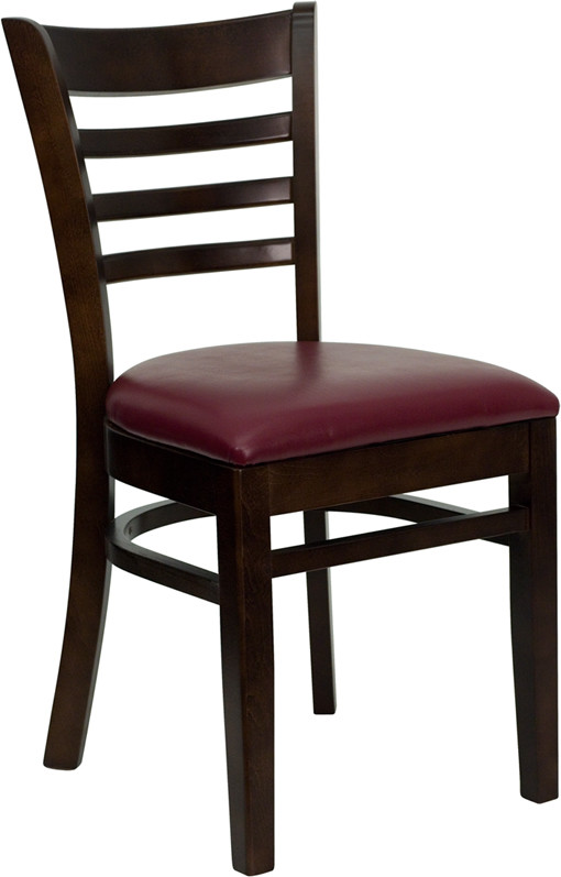 Ladder Back Walnut Wood Restaurant Chair, Burgundy Vinyl Seat