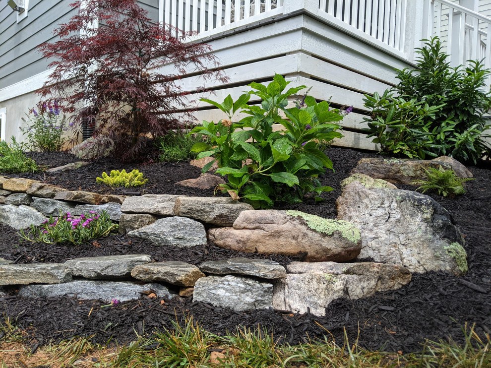 This is an example of a large asian front yard garden in Other with with rock feature.