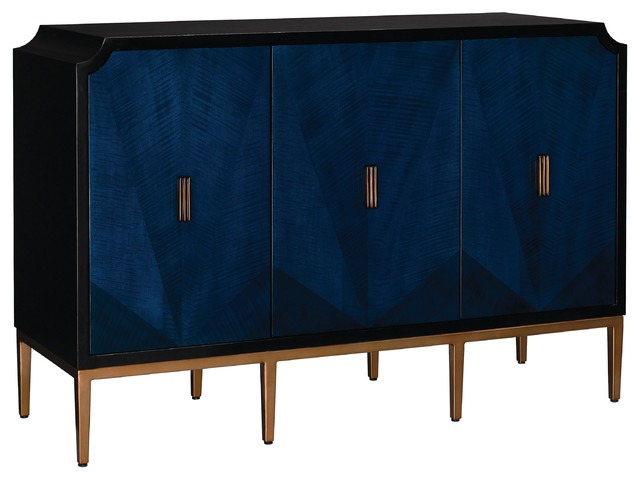 Sapir Modern Classic Blue Gold Black 3 Door Sideboard Cabinet