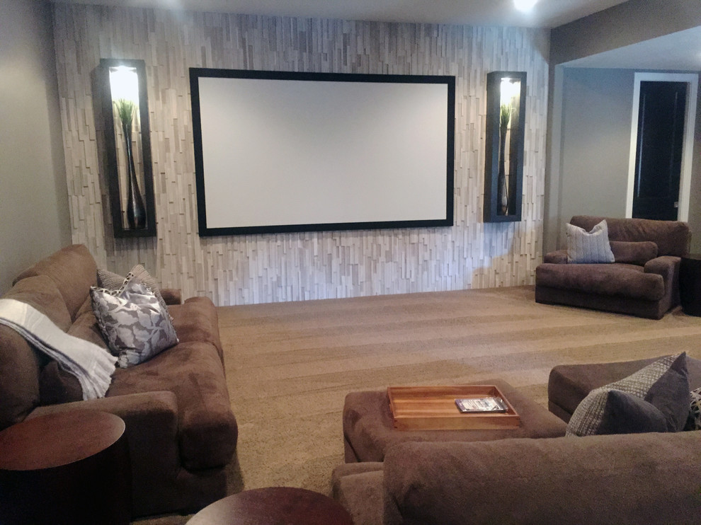 Mid-sized transitional open concept home theatre in Indianapolis with grey walls, carpet and a projector screen.