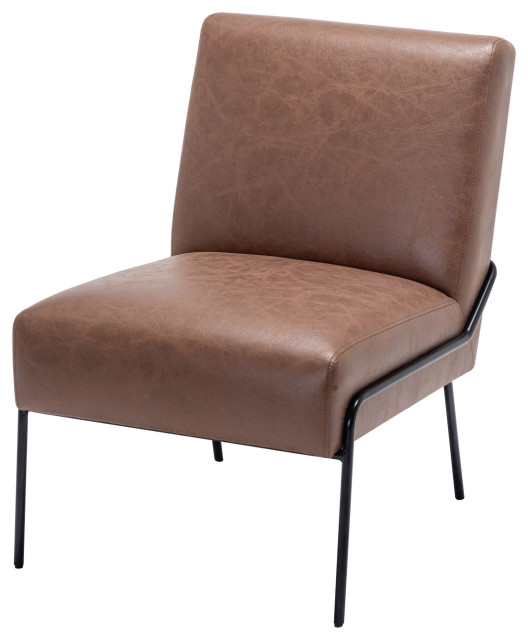 Armless Accent Chair, Brown Faux Leather Without Pintuck Industrial