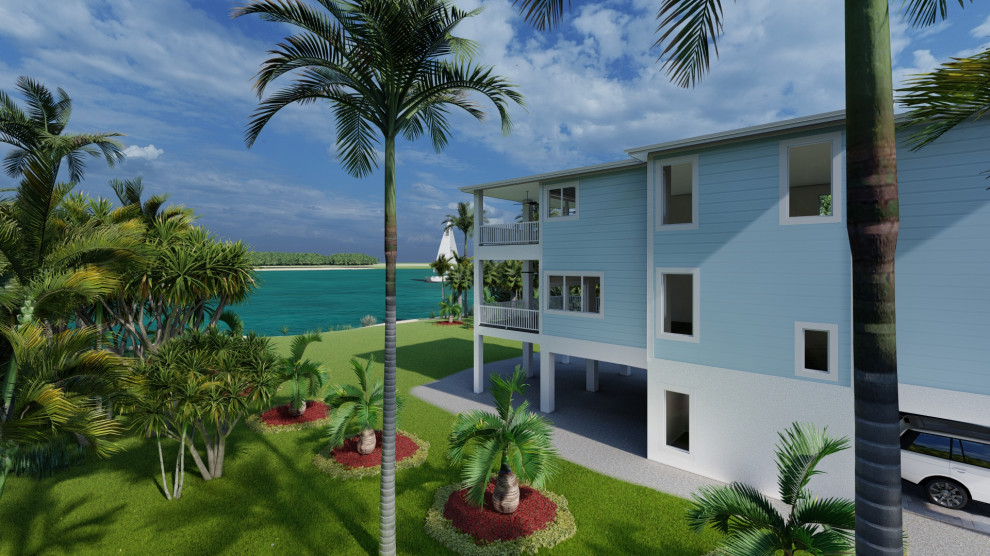 Großes, Dreistöckiges Maritimes Einfamilienhaus mit Putzfassade, blauer Fassadenfarbe, Flachdach und weißem Dach in Miami