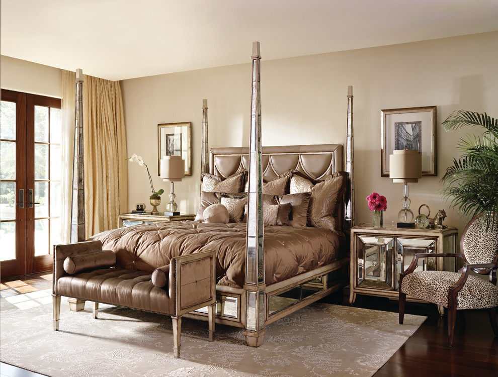 Inspiration for a mid-sized contemporary master bedroom in Nashville with beige walls and dark hardwood floors.