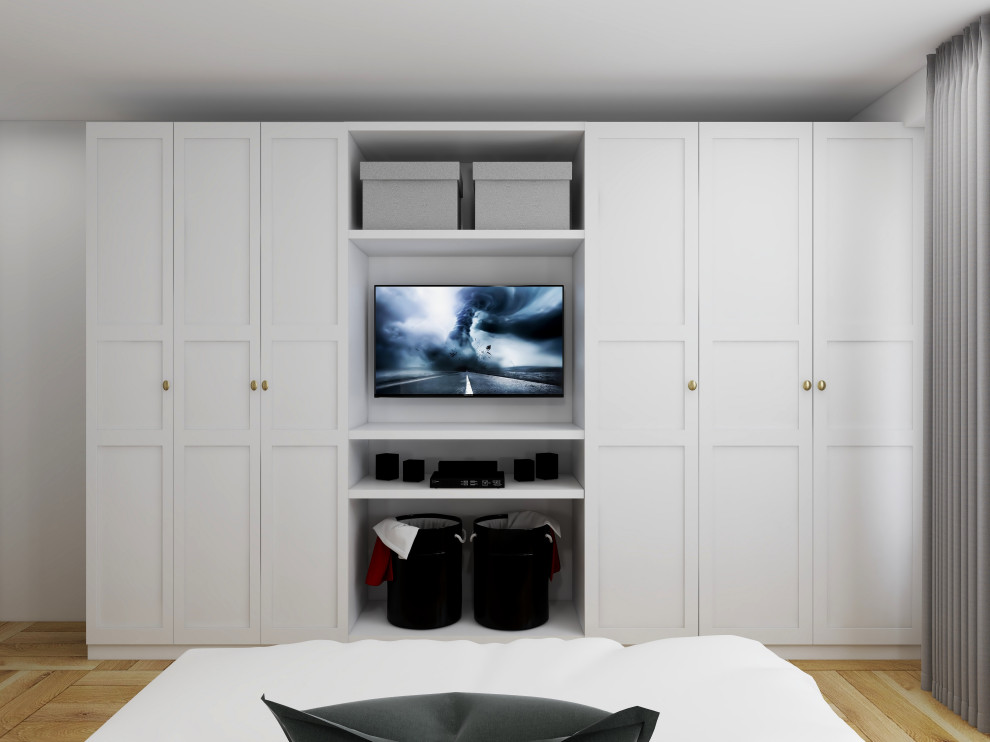 Design ideas for a modern master bedroom in Toronto with black walls, light hardwood floors and orange floor.