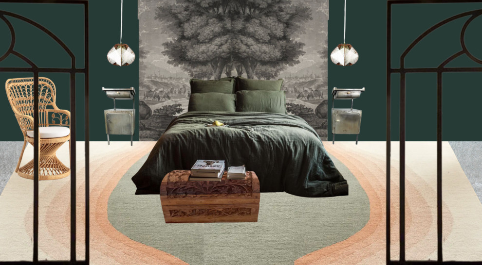 Пример оригинального дизайна: большая хозяйская спальня в стиле модернизм с зелеными стенами, ковровым покрытием, угловым камином, фасадом камина из каменной кладки, розовым полом и обоями на стенах