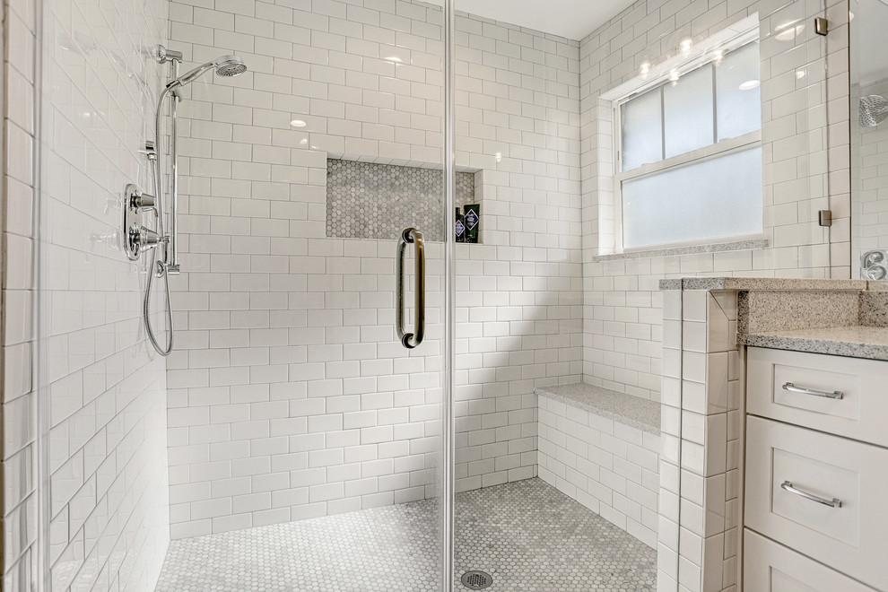 Design ideas for a mid-sized transitional master bathroom in Houston with recessed-panel cabinets, white cabinets, a one-piece toilet, white tile, subway tile, grey walls, concrete floors, a vessel sink, quartzite benchtops, grey floor and multi-coloured benchtops.