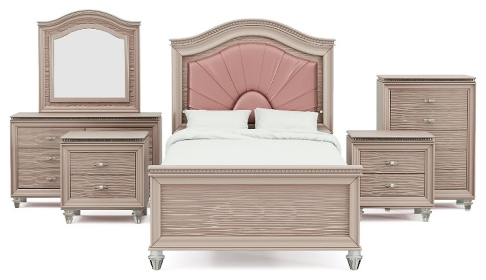 FOA Devado 6pc Rose Gold Wood Bed Set-Twin+2 Nightstands+Chest+Dresser+Mirror