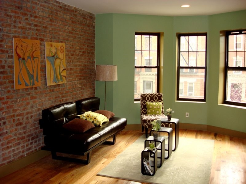 Photo of a mid-sized contemporary open concept living room in New York with green walls and medium hardwood floors.