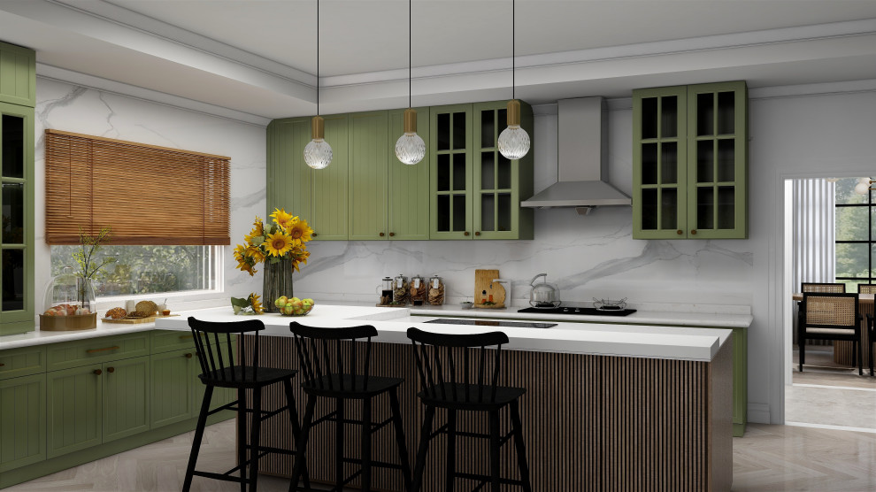 This is an example of a medium sized romantic u-shaped kitchen/diner in New York with a double-bowl sink, glass-front cabinets, green cabinets, quartz worktops, white splashback, marble splashback, stainless steel appliances, light hardwood flooring, an island, beige floors, white worktops and a drop ceiling.
