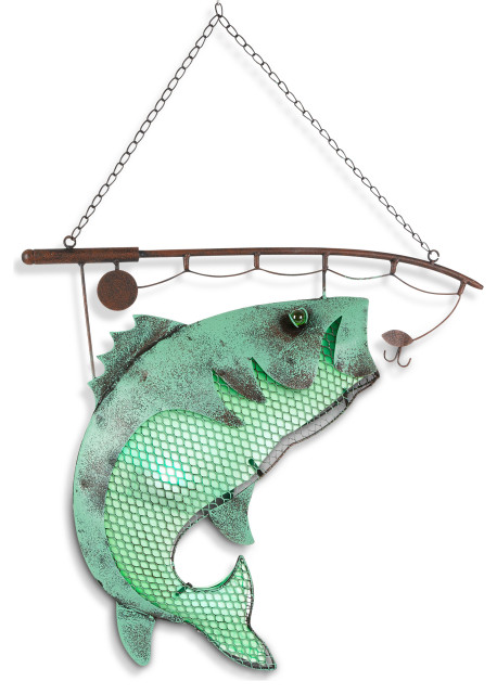 18.5" Solar Green Verdigris/Brown Bass on Fishing Pole