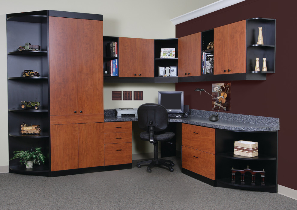 Mid-sized contemporary study room in Tampa with beige walls, carpet, a built-in desk and no fireplace.