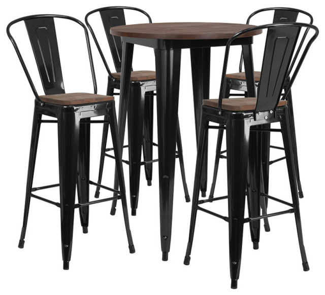 30" Round Black Metal Bar Table Set with Wood Top and 4 Stools Contemporary Dining Tables