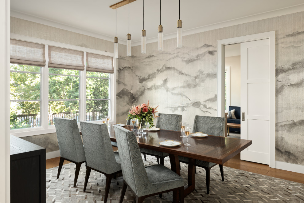 Design ideas for a transitional separate dining room in San Francisco with wallpaper.