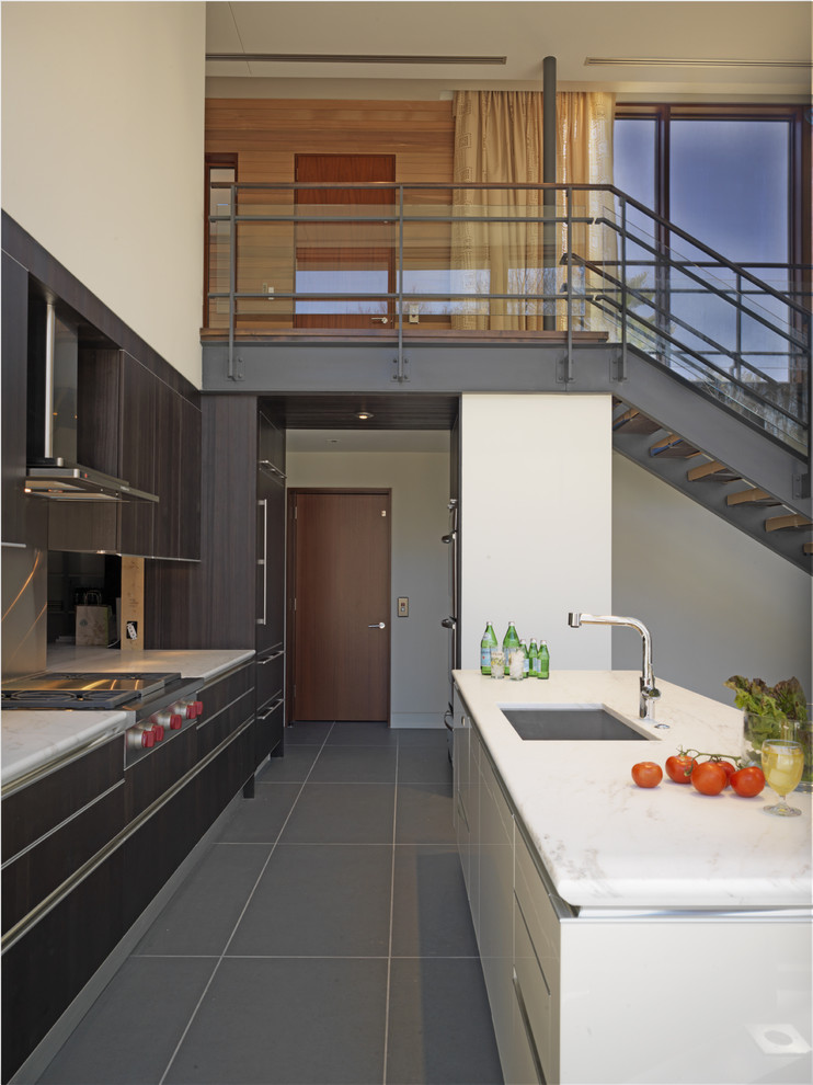 Photo of a contemporary galley kitchen in Baltimore with a single-bowl sink, flat-panel cabinets, dark wood cabinets, metallic splashback, metal splashback and panelled appliances.