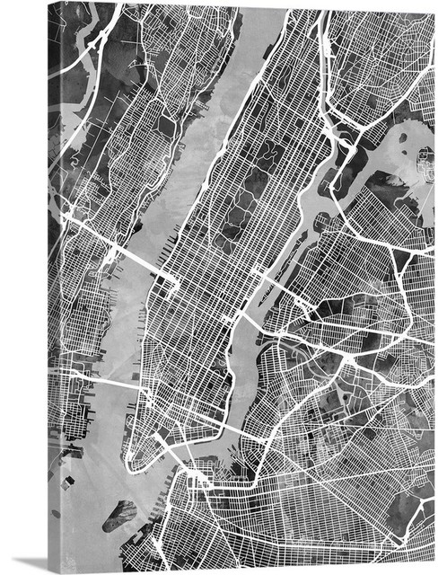 New York City Street Map Black And White Wrapped Canvas Art